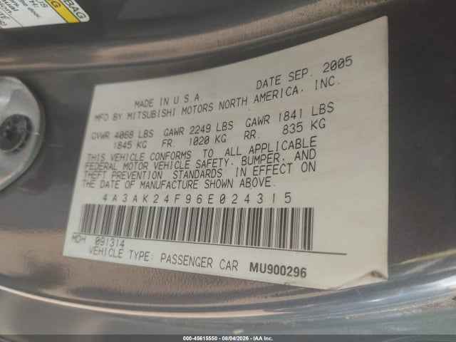 45615550 :رقم المزاد ، 4A3AK24F96E024315 vin ، 2006 Mitsubishi Eclipse Gs مزاد بيع