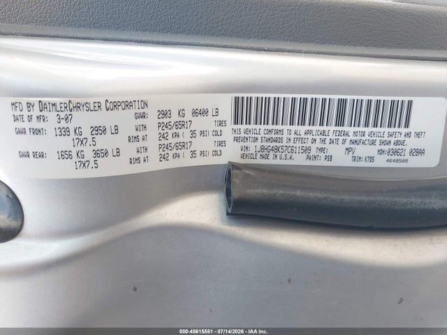 2007 Jeep Commander Sport მანქანა იყიდება აუქციონზე, vin: 1J8HG48K57C611509, აუქციონის ნომერი: 45615551