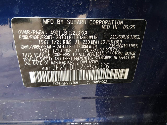 45615553 :رقم المزاد ، JF2SLDHC2SH596336 vin ، 2025 Subaru Forester Sport مزاد بيع