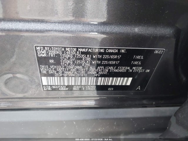 2022 Toyota Rav4 Xle მანქანა იყიდება აუქციონზე, vin: 2T3P1RFV8NC291810, აუქციონის ნომერი: 45615555