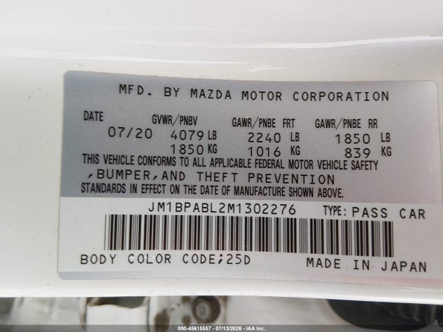 2021 Mazda Mazda3 Select მანქანა იყიდება აუქციონზე, vin: JM1BPABL2M1302276, აუქციონის ნომერი: 45615557