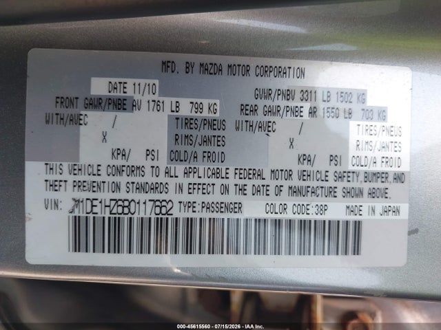 2011 Mazda Mazda2 Touring მანქანა იყიდება აუქციონზე, vin: JM1DE1HZ6B0117662, აუქციონის ნომერი: 45615560