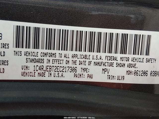 Продажа на аукционе авто 2014 Jeep Grand Cherokee Limited, vin: 1C4RJEBT2EC217306, номер лота: 45615563