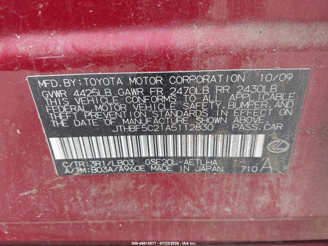 Aukcja sprzedaży 2010 Lexus Is 250, vin: JTHBF5C21A5112830, numer aukcji: 45615577