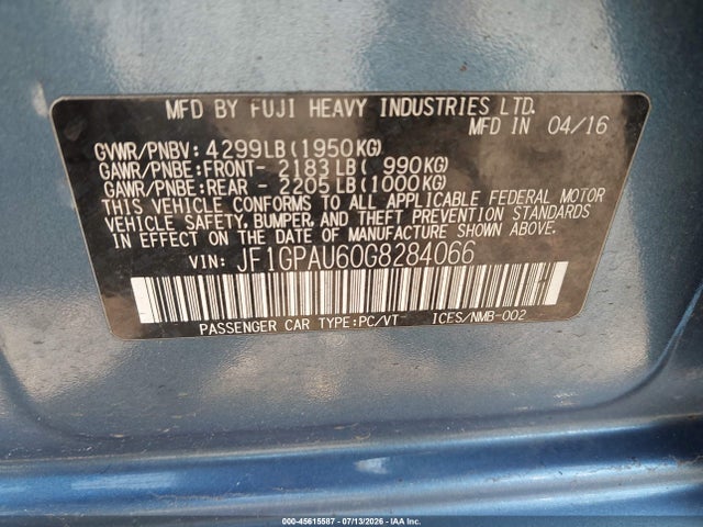 2016 Subaru Impreza 2.0i Sport Limited მანქანა იყიდება აუქციონზე, vin: JF1GPAU60G8284066, აუქციონის ნომერი: 45615587