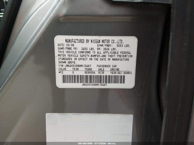 2006 Infiniti M35 მანქანა იყიდება აუქციონზე, vin: JNKAY01E86M115467, აუქციონის ნომერი: 45615596