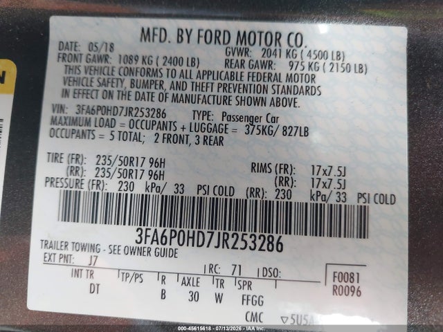 3FA6P0HD7JR253286 Ford FUSION SE