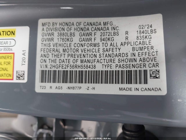 2024 Honda Civic Sport მანქანა იყიდება აუქციონზე, vin: 2HGFE2F56RH558438, აუქციონის ნომერი: 45615627