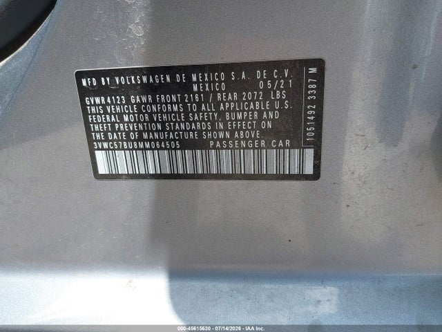 45615630 :رقم المزاد ، 3VWC57BU8MM064505 vin ، 2021 Volkswagen Jetta 1.4t R-line/1.4t Se/s مزاد بيع