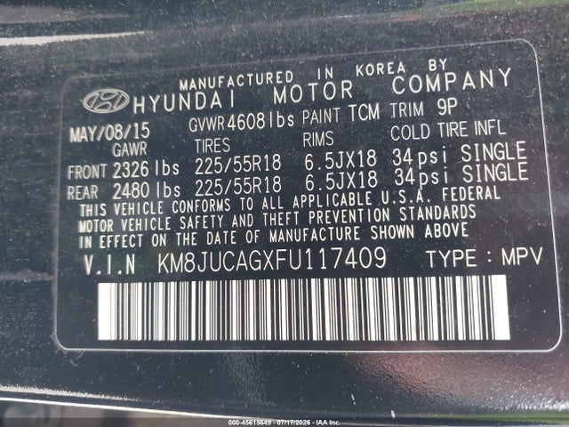 KM8JUCAGXFU117409 Hyundai Tucson Limited