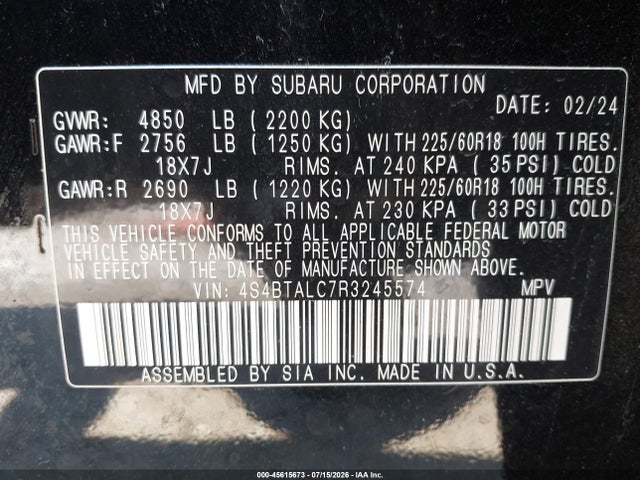 2024 Subaru Outback Onyx Edition მანქანა იყიდება აუქციონზე, vin: 4S4BTALC7R3245574, აუქციონის ნომერი: 45615673