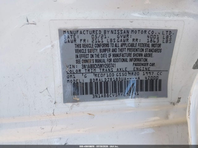 3N1AB8CV5MY290741 Nissan Sentra Sv Xtronic Cvt