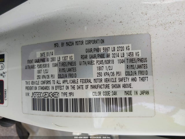 Aukcja sprzedaży 2014 Mazda Cx-9 Touring, vin: JM3TB3CV2E0434631, numer aukcji: 45615680