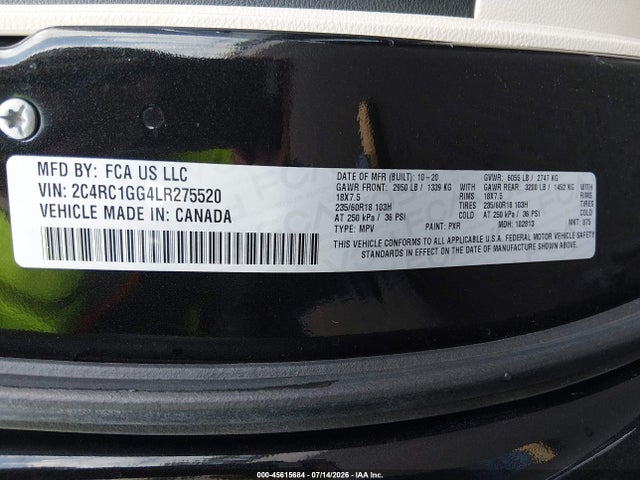 Aukcja sprzedaży 2020 Chrysler Pacifica Limited, vin: 2C4RC1GG4LR275520, numer aukcji: 45615684