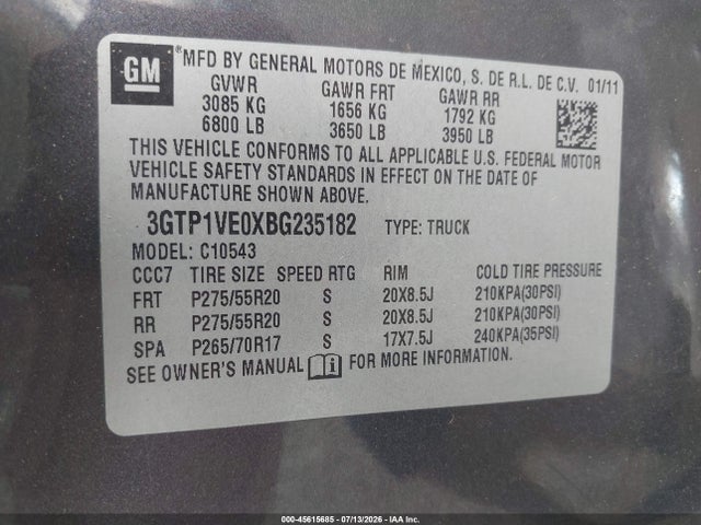 Продаж на аукціоні авто 2011 Gmc Sierra 1500 Sle, vin: 3GTP1VE0XBG235182, номер лоту: 45615685