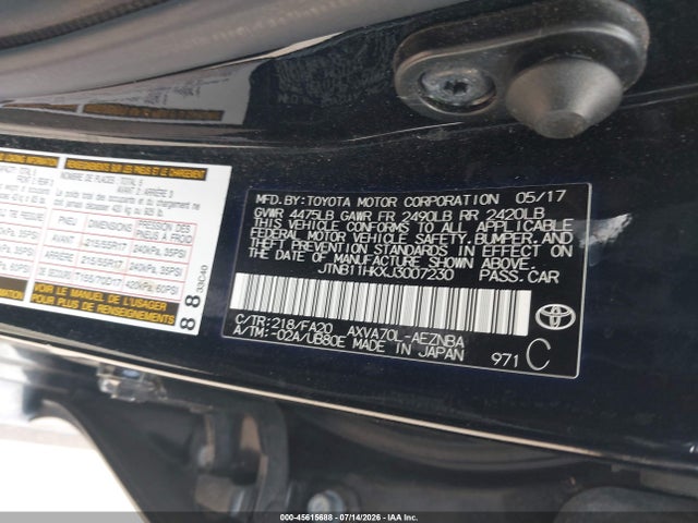 45615688 :رقم المزاد ، JTNB11HKXJ3007230 vin ، 2018 Toyota Camry Le مزاد بيع