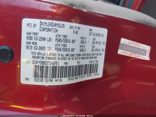 45615714 :رقم المزاد ، 3C4FY58B22T348751 vin ، 2002 Chrysler Pt Cruiser Touring مزاد بيع