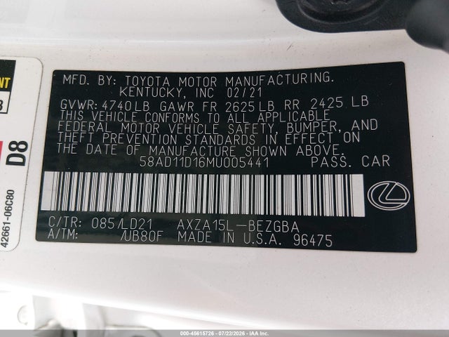 Продаж на аукціоні авто 2021 Lexus Es 250, vin: 58AD11D16MU005441, номер лоту: 45615726