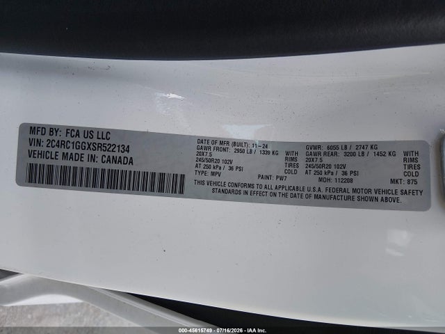Продажа на аукционе авто 2025 Chrysler Pacifica Limited, vin: 2C4RC1GGXSR522134, номер лота: 45615749