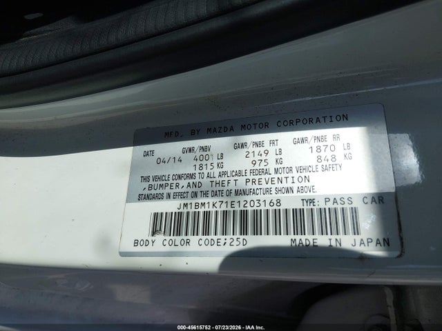 2014 Mazda Mazda3 I Sport მანქანა იყიდება აუქციონზე, vin: JM1BM1K71E1203168, აუქციონის ნომერი: 45615752