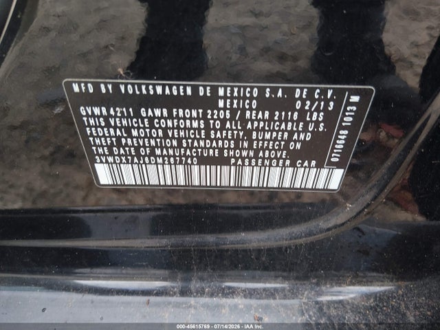 2013 Volkswagen Jetta 2.5l Se მანქანა იყიდება აუქციონზე, vin: 3VWDX7AJ6DM267740, აუქციონის ნომერი: 45615769