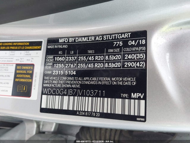 45615773 :رقم المزاد ، WDC0G4JB7JV103711 vin ، 2018 Mercedes-benz Glc 300 مزاد بيع