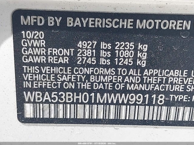 Aukcja sprzedaży 2021 Bmw 530i, vin: WBA53BH01MWW99118, numer aukcji: 45615791