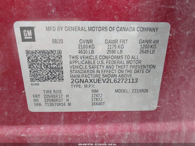 45615794 :رقم المزاد ، 2GNAXUEV2L6272113 vin ، 2020 Chevrolet Equinox Awd Lt 1.5l Turbo مزاد بيع