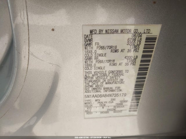 2004 Nissan Pathfinder Armada Le მანქანა იყიდება აუქციონზე, vin: 5N1AA08A84N735179, აუქციონის ნომერი: 45615798