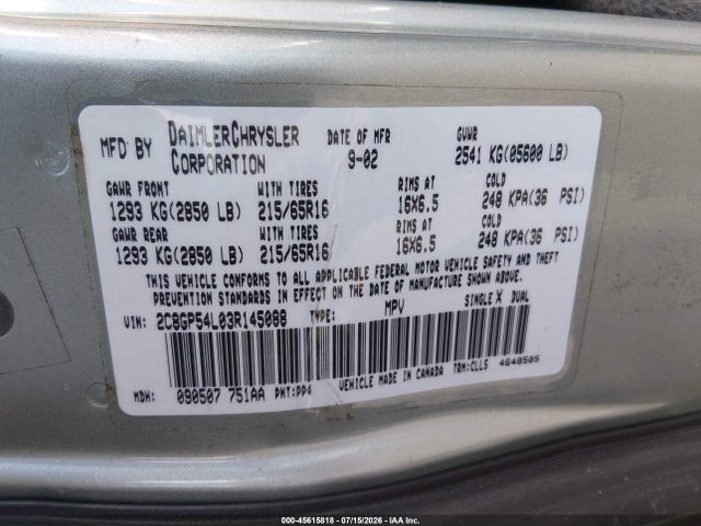 45615818 :رقم المزاد ، 2C8GP54L03R145088 vin ، 2003 Chrysler Town & Country Lxi مزاد بيع