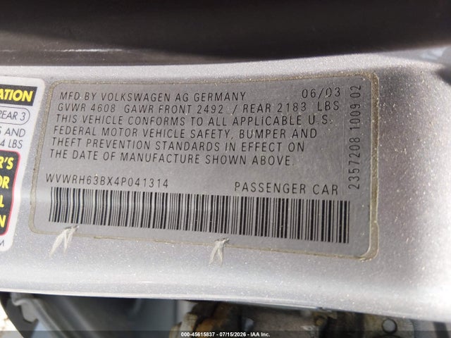 2004 Volkswagen Passat Glx მანქანა იყიდება აუქციონზე, vin: WVWRH63BX4P041314, აუქციონის ნომერი: 45615837