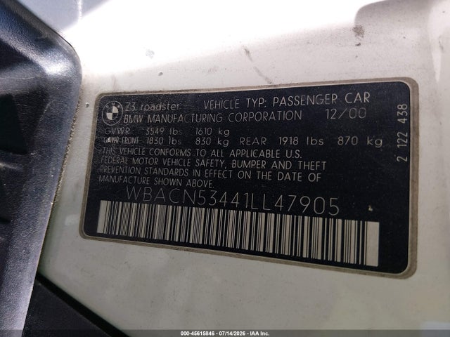 Aukcja sprzedaży 2001 Bmw Z3 3.0i, vin: WBACN53441LL47905, numer aukcji: 45615846