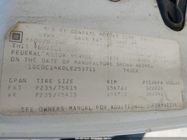 45615848 :رقم المزاد ، 1GCDC14K0LE253711 vin ، 1990 Chevrolet Gmt-400 C1500 مزاد بيع