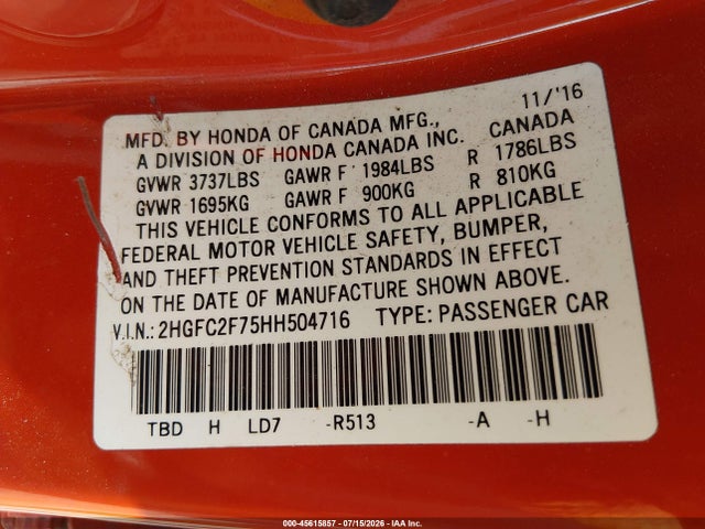 2HGFC2F75HH504716 Honda CIVIC EX