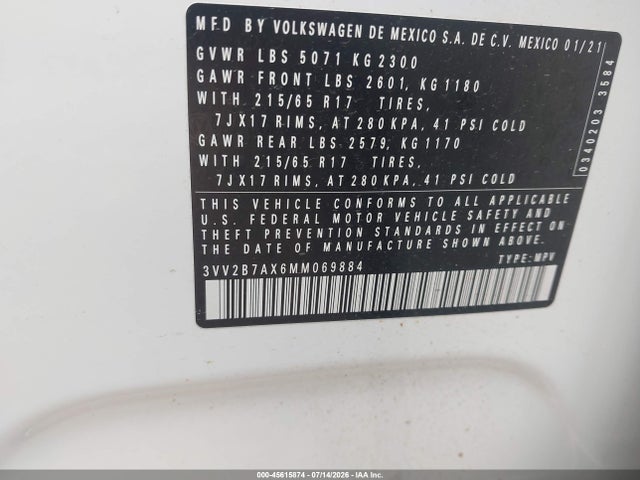 2021 Volkswagen Tiguan 2.0t Se/2.0t Se R-line Black/2.0t Sel მანქანა იყიდება აუქციონზე, vin: 3VV2B7AX6MM069884, აუქციონის ნომერი: 45615874