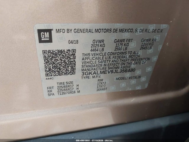Продаж на аукціоні авто 2018 Gmc Terrain Sle, vin: 3GKALMEV9JL356480, номер лоту: 45615881