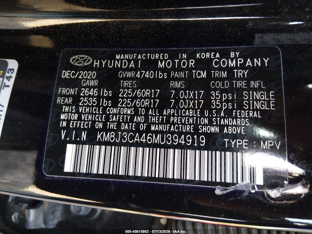 Продажа на аукционе авто 2021 Hyundai Tucson Value, vin: KM8J3CA46MU394919, номер лота: 45615902