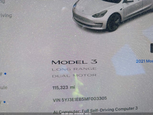 Aukcja sprzedaży 2021 Tesla Model 3 Long Range Dual Motor All-wheel Drive, vin: 5YJ3E1EB5MF003305, numer aukcji: 45615925