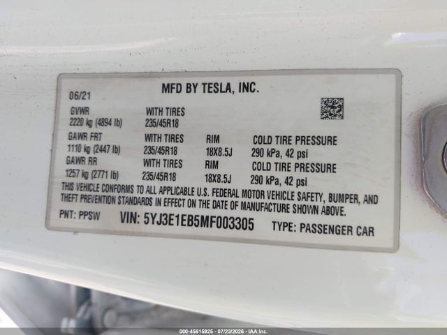 Aukcja sprzedaży 2021 Tesla Model 3 Long Range Dual Motor All-wheel Drive, vin: 5YJ3E1EB5MF003305, numer aukcji: 45615925
