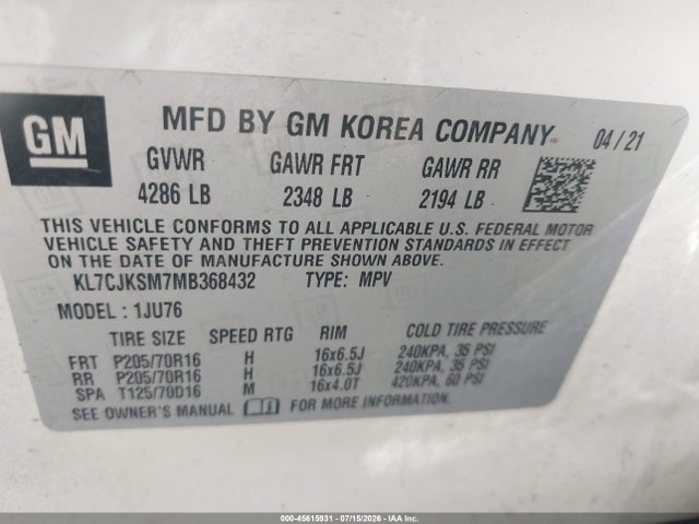 KL7CJKSM7MB368432 Chevrolet Trax Fwd Ls