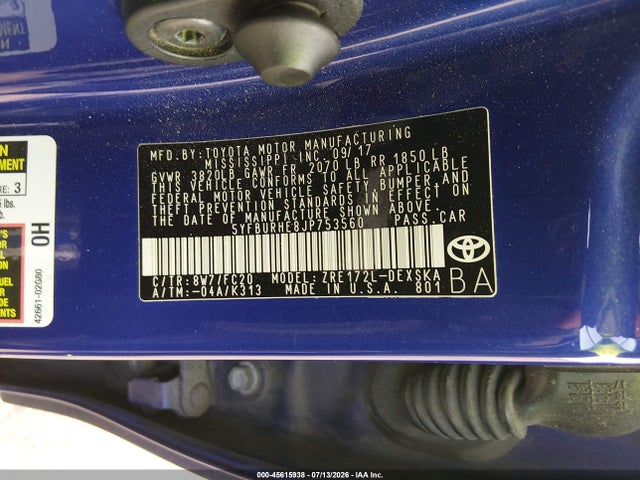 Продаж на аукціоні авто 2018 Toyota Corolla Se, vin: 5YFBURHE8JP753560, номер лоту: 45615938