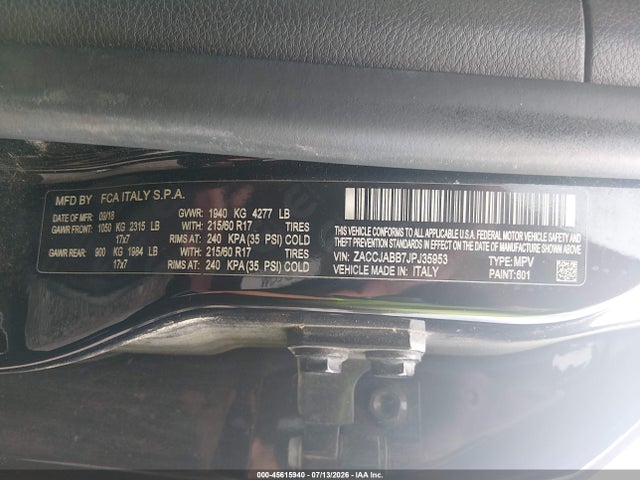 Продаж на аукціоні авто 2018 Jeep Renegade Latitude Fwd, vin: ZACCJABB7JPJ35953, номер лоту: 45615940