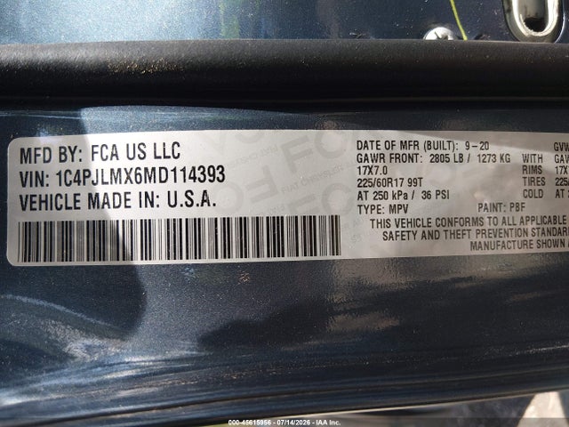 45615956 :رقم المزاد ، 1C4PJLMX6MD114393 vin ، 2021 Jeep Cherokee Latitude Lux Fwd مزاد بيع