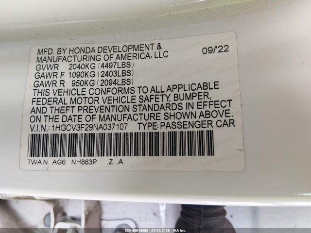 1HGCV3F29NA037107 Honda Accord Hybrid Sport