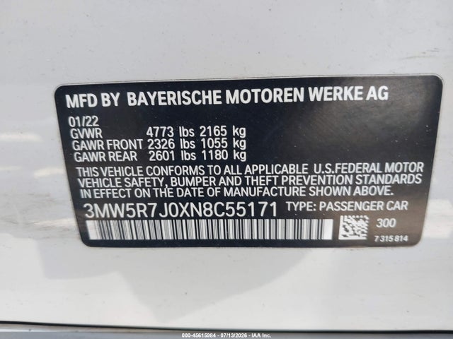 2022 Bmw 330i Xdrive მანქანა იყიდება აუქციონზე, vin: 3MW5R7J0XN8C55171, აუქციონის ნომერი: 45615984