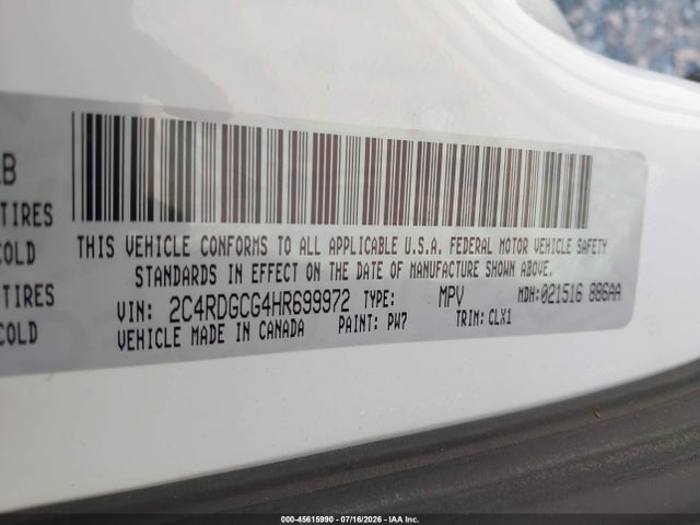 45615990 :رقم المزاد ، 2C4RDGCG4HR699972 vin ، 2017 Dodge Grand Caravan Sxt مزاد بيع