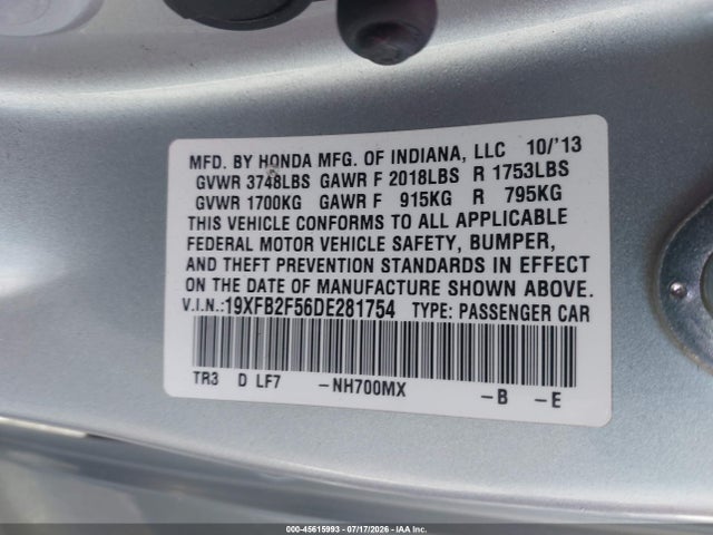 45615993 :رقم المزاد ، 19XFB2F56DE281754 vin ، 2013 Honda Civic Lx مزاد بيع