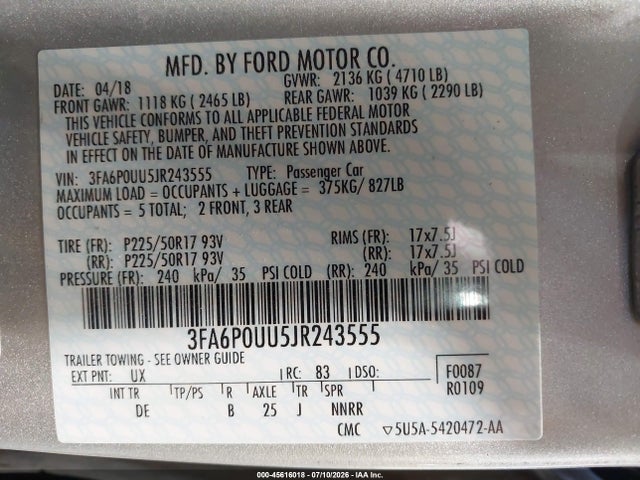 3FA6P0UU5JR243555 Ford Fusion Hybrid S