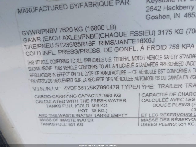 Aukcja sprzedaży 2019 Keystone Voltage, vin: 4YDF36125KZ990479, numer aukcji: 45616038