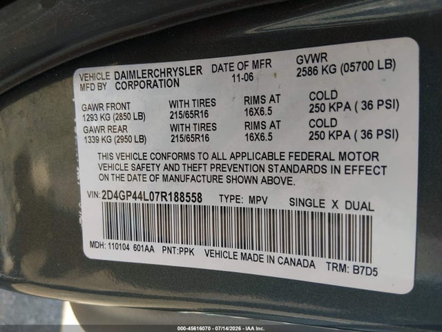 45616070 :رقم المزاد ، 2D4GP44L07R188558 vin ، 2007 Dodge Grand Caravan Sxt مزاد بيع